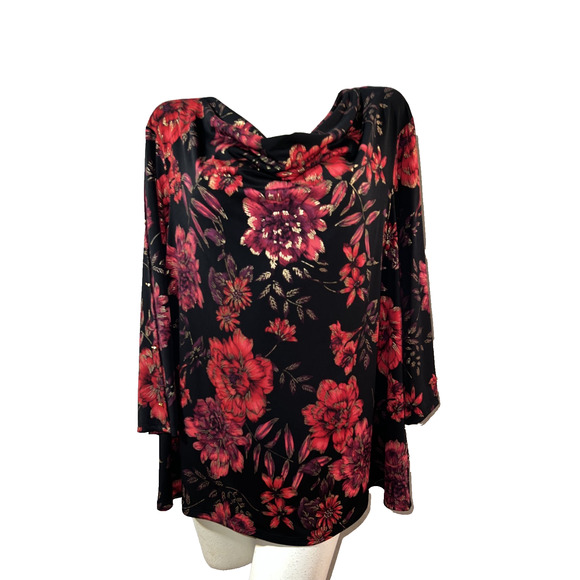 Sami & Jo Top Women's Size 2X Red Black Gold Floral Print 3/4 Sleeve Drape Neck - Picture 1 of 7